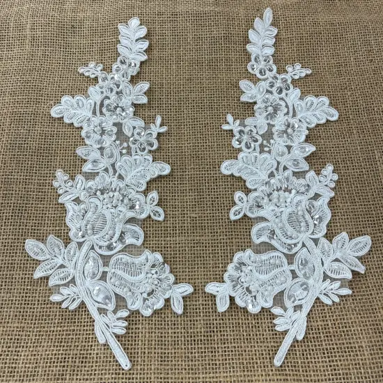 1 Pair Beaded & Corded Floral Lace Applique 100% Polyester Net Mesh 12" X 3.5" Each Side Ivory Color {1}