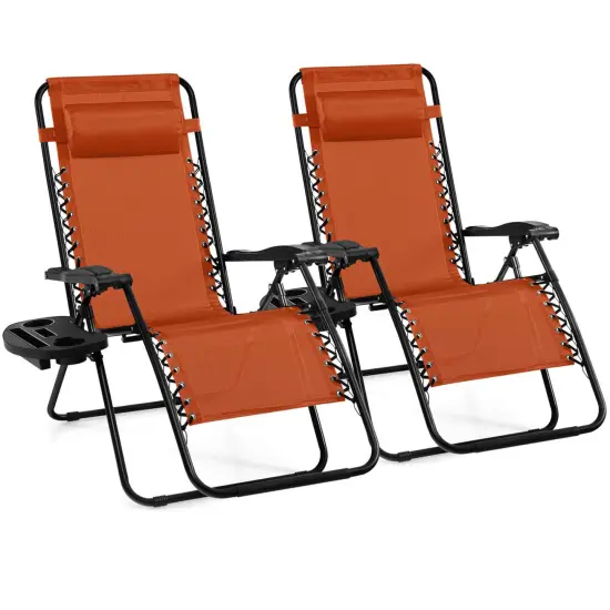 Costway 2 PCS Folding Zero Gravity Reclining Lounge Chairs Beach Patio with Utility Tray Black/Orange {4}