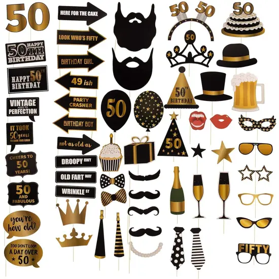 50th Birthday Photo Booth Props - 60-Pack Birthday Party Supplies, Selfie Props, Party Favors for Cocktail Parties, Black and Gold {1}