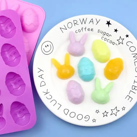 2 Pack Bunny & Egg Silicone Molds Easter Day Cake Pan Silicone Molds for Baking Cupcake Muffin Making Chocolate Candy Ice Cube Jello Jelly Soap Wax Crayon Melt（Pink and Purple） {4}