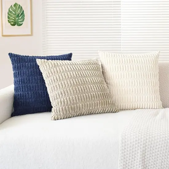 Throw Pillow Covers Pack of 2 Comfy Corduroy Boho Striped Decorative Cushion Cases for Couch Sofa Bed Farmhouse 18 X 18 Inches Beige {4}