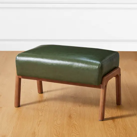 Mid-century Modern Leatherette Accent Stool with Walnut Rubberwood Legs {3}