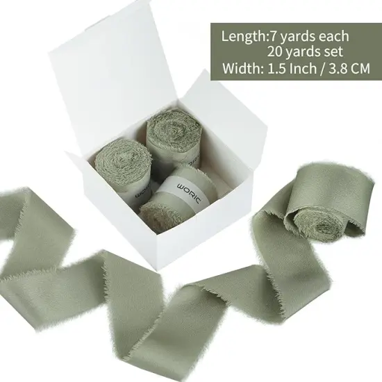 Sage Green Silk Ribbon 1 1/2" x 20 Yard Frayed Edge Light Green Satin Ribbon for Gift Wrapping Party Wedding Invitation Flower Bouquet Holiday Decor {2}