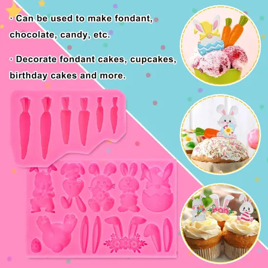 2Pcs Easter Fondant Molds Cute Bunny Pattern 3D Silicone Moulds Assorted Rabbit Carrots Flowers Resin Molds Easter Cupcake Cookie Baking Decorating Moulds for Spring Holiday Party DIY Candy {4}