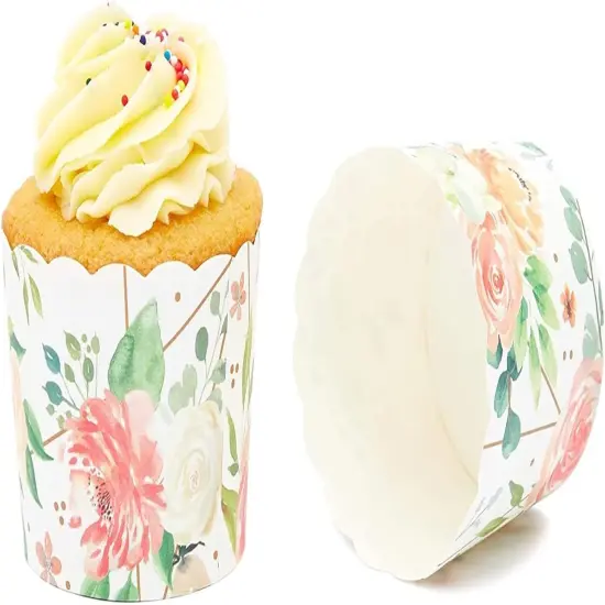 50 Pack Floral Cupcake Wrappers for Wedding, Watercolor Flower Paper Baking Cups and Muffin Liners for Garden Tea Parties, Baking Favors, Bridal or Baby Showers- (2.25 x 2.75 In) {4}