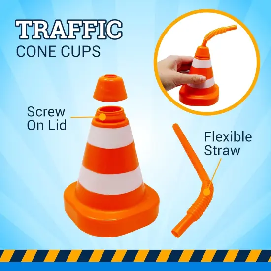 4E's Novelty 8-Pack Construction Cone Cups, 10oz Plastic Cup with Lid & Straws, Construction Theme Party Cups {4}