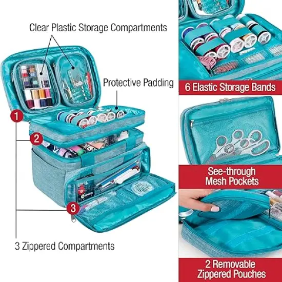 Sewing Accessories Organizer (Bag Only) &ndash; Double Layer Portable Sewing Storage Bag | 2 Detachable Pouches and 18 Compartments, Large Sewing Supplies & Crafting Carry-all (Teal) {4}