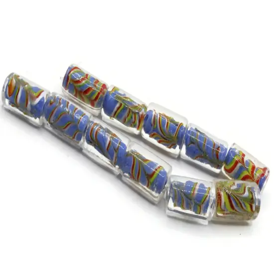 11 18mm Blue Red and Yellow Lampwork Glass Tube Beads {5}