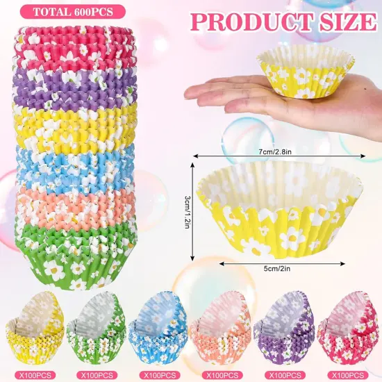 600Pcs Colorful Daisy Flower Cupcake Liners Christmas Rainbow Color Cupcake Wrappers Baking Cup Boho Groovy Hippie Party Muffin Liners for Spring Summer Baby Shower Wedding Birthday Party {2}