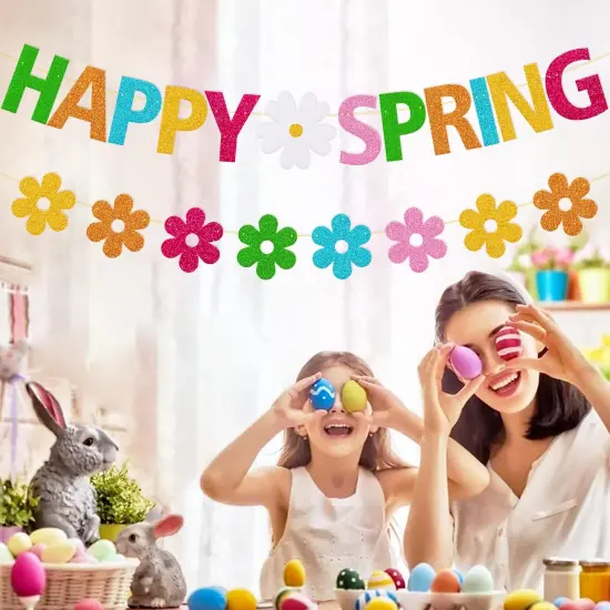 Happy Spring Banner Hello Spring Party Decorations with Flowers Garland for Kids Boy Girl Celebrate Welcome Spring Colorful Glitter Party Supplies {5}