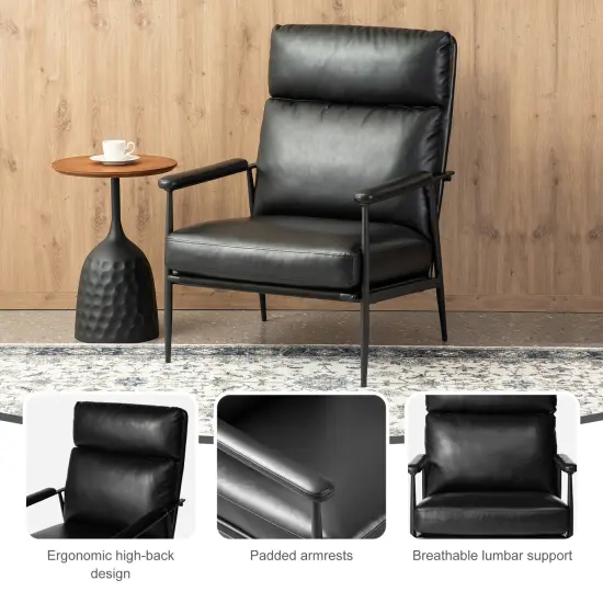 33.75"W Mid-Century Modern Leatherette Armchair With High Back and Padded Arms Black {2}
