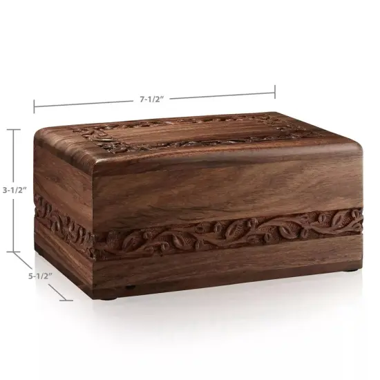 Rosewood Hand-Carved Wood Memorial Cremation Box with Velvet Bag - Medium {3}