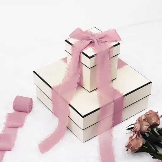 3 Rolls Dusty Rose Handmade Fringe Chiffon Ribbon 1.5 Inch x 7 Yard Silk-Like Ribbon Colorful Rustic Ribbon for Bouquets Wrapping Decor Wedding Invitation Accessories {4}