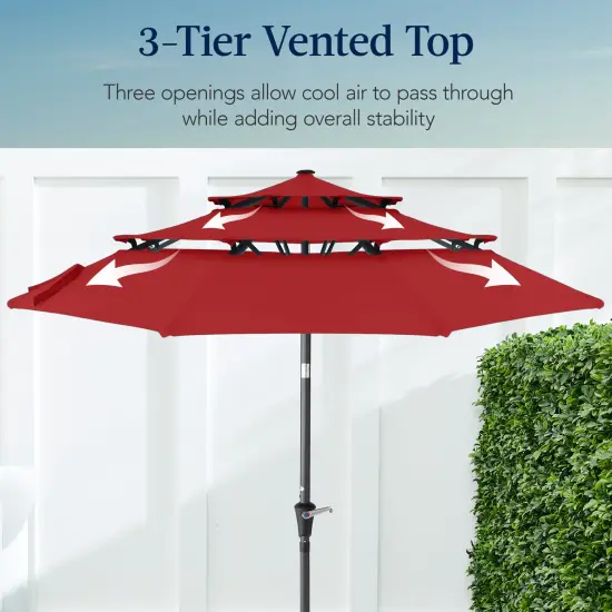 Best Choice Products 10ft 3-Tier Patio Umbrella, Market Sun Shade w/ Tilt Adjustment, Easy Crank Red {3}