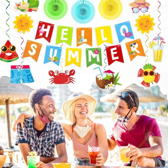 Summer Pool Party Decorations, Hello Summer Banner Paper Lanterns Beach Hanging Streams Decor for Hawaiian Luau Tropical Vacation Outfit Birthday Party Supplies Favors {3}