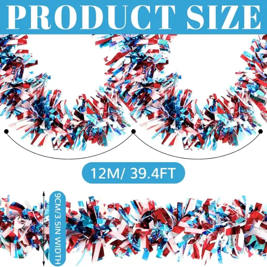39.4ft 4th of July Patriotic Tinsel Garland Red White Blue Shiny Metallic Garland Hanging Decorations for Independence Day Memorial Day Party Decorations {2}