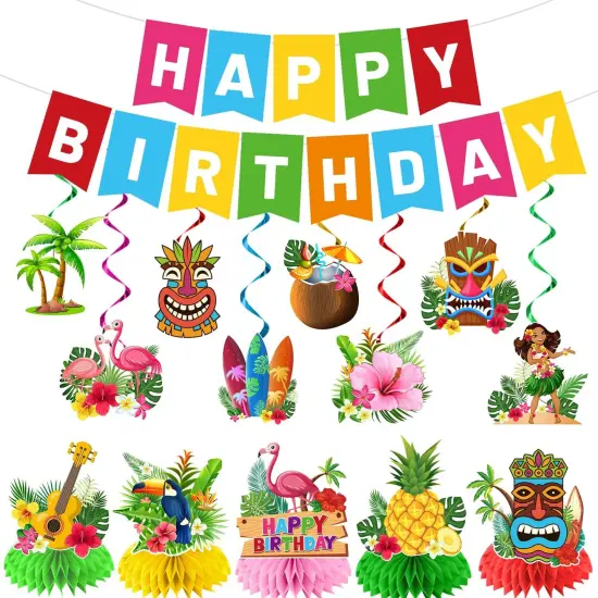 Aloha Beach Themed Party Decorations - Hawaiian Luau Birthday Supplies with Banner Honeycomb and Hanging Swirls for Tropical Summer Pool Party {1}