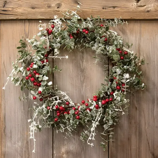 16" Faux Eucalyptus Wreath with Red Berries for Holiday Door Decor {2}