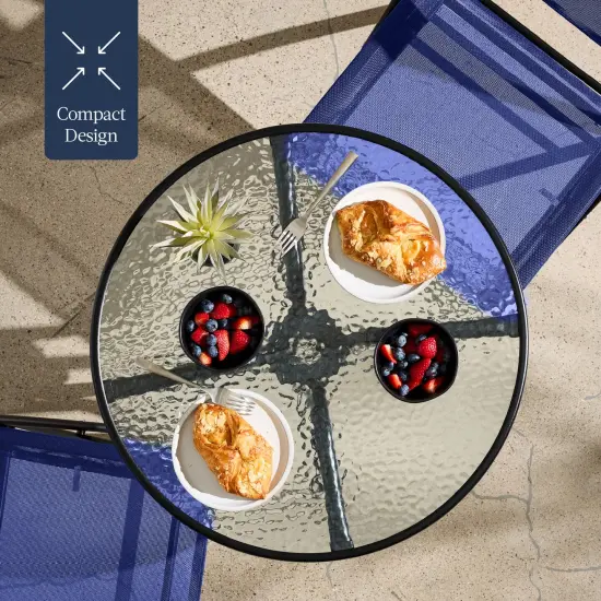 Best Choice Products 3-Piece Patio Bistro Dining Furniture Set w/ Round Textured Glass Tabletop, Folding Chairs Navy {5}
