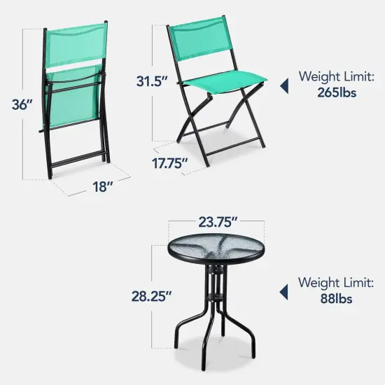Best Choice Products 3-Piece Patio Bistro Dining Furniture Set w/ Round Textured Glass Tabletop, Folding Chairs Mint {2}