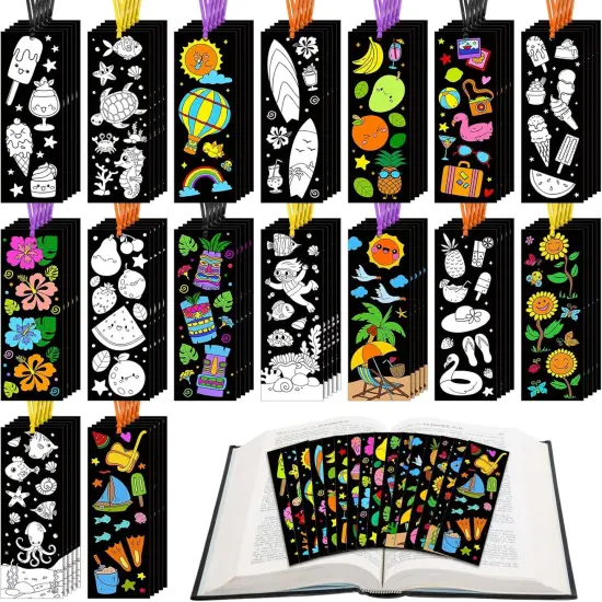 80 Pcs Summer Color Your Own Bookmarks with Ribbon Bulk DIY Coloring Crafts Beach Ice Cream Ocean Fruit Sun Bookmark Blank Paint Classroom Decorate for Teacher Student Summer {1}