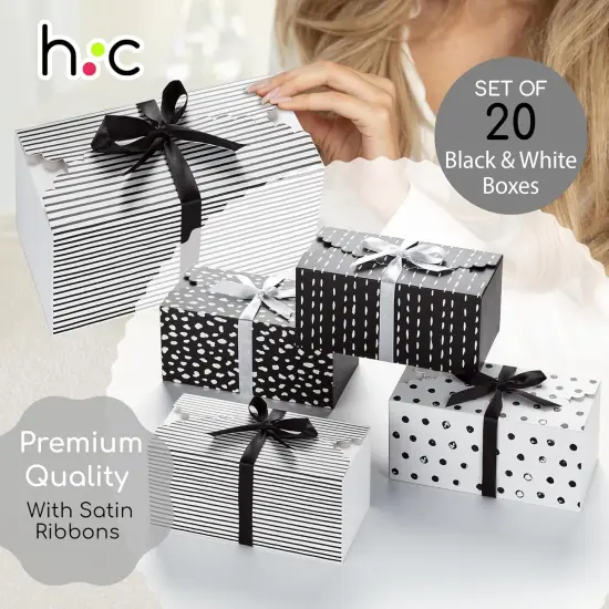 Small Black & White Gift Boxes with Lids & Ribbons (20 Pack) 8&rdquo; x 4&rdquo; Cute Decorative Treat Boxes Empty {4}