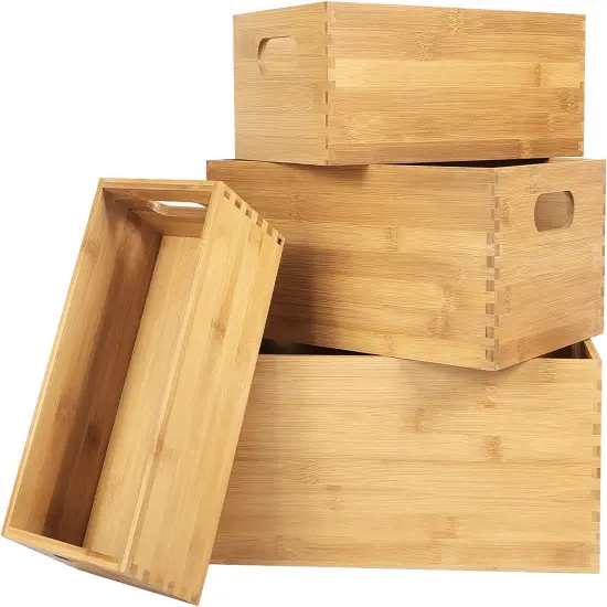 Set of 4 Nesting Wooden Crates for Storage, Bamboo Wood Storage Containers Bins, Handmade Natural Large Wooden Storage Boxes Baskets with Handles for Organizing Shelf Closet Cabinet {1}