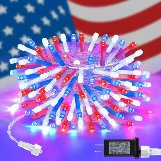 Red White and Blue Lights Outdoor, 32ft 100 LED Patriotic String Lights for 4th of July, Memorial Day, Independence Day Decor, 8 Modes Timer Waterproof Connectable {1}