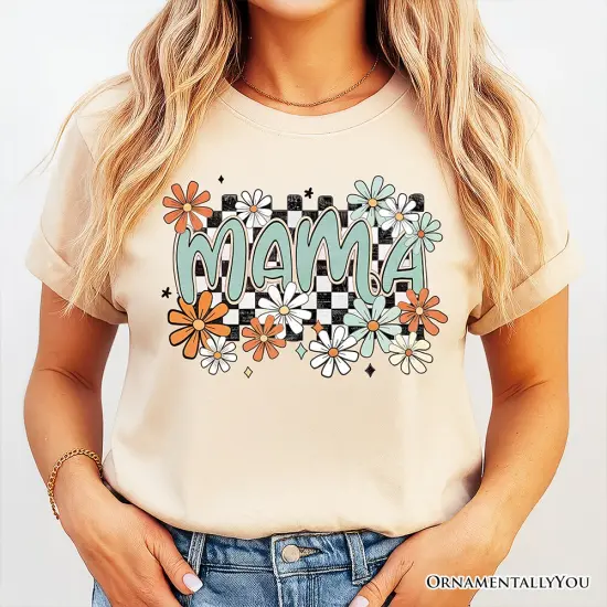Floral Mama Checkered T-Shirt, White, Natural and Black Retro Tee for Stylish Mothers {5}