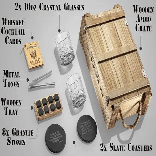 Whiskey Stones Gift Set, Whiskey Glass and Stones Set with Wooden Army Crate, 8 Granite Whiskey Rocks Chilling Stones and 10oz Whiskey Glasses, Whiskey Gift for Men, Dad, Husband {4}