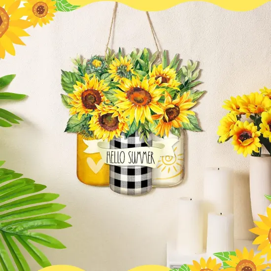 Sunflower Hello Summer Sign Welcome Wood Flower Sign Front Door Decor Inspirational Wood Hanging Door Sign Outdoor Wooden Front Door Decorations for Farmhouse Porch {4}