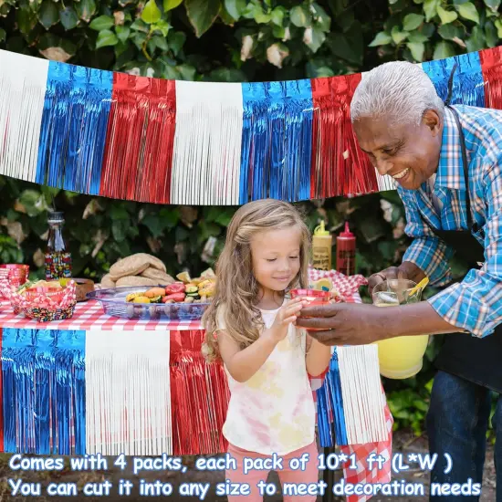 4 Pack 10 Feet Foil Fringe Garland Metallic Tinsel Streamers Banner Wall Hanging Fringe Backdrop Banner for Parade Floats Wedding Birthday Party Decoration (Royal Blue Red White) {2}