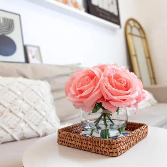 7 PCS Pink Rose Artificial Flowers with Vase Silk Fake Flowers Arrangements in Glass Vase with Faux Water {2}