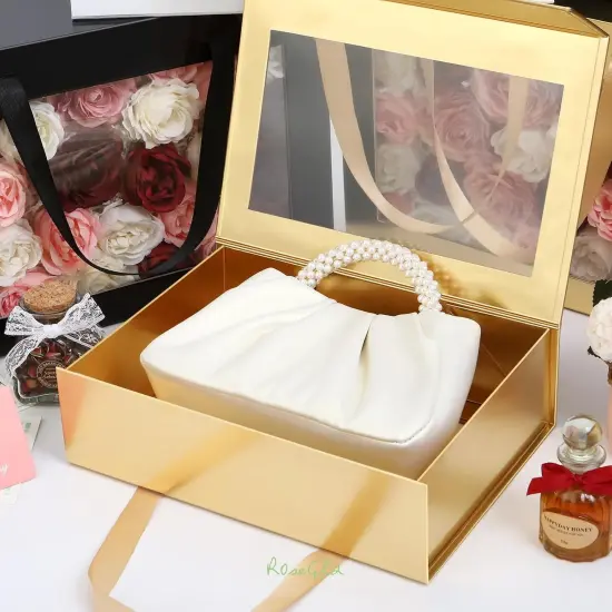 Clear Gift Box with Handle, Bridesmaid Proposal Box, Magnetic Gift Box with Window for Present (Glossy Gold) {2}