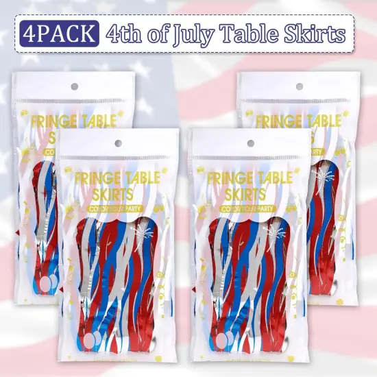 4 Pack 4th of July Decorations, Metallic Foil Fringe Tinsel Table Skirts Patriotic Red White Blue Party Decorations Fourth of July Tablecloth for Independence Memorial Veterans Day {4}