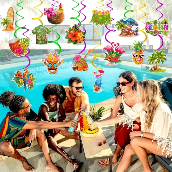 30Pcs Hawaiian Luau Ceiling Hanging Decorations, Aloha Flamingo Palm Trees Hibiscus Swirls, Summer Decorations for Party {2}