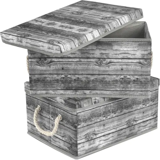 Storage Box Set with Lid, Carry Handles, Foldable Frame, Rustic Wood Grain Print Bins, Great for Toys, Memorabilia, Closet, Office, Bedroom, 2-Pack {1}
