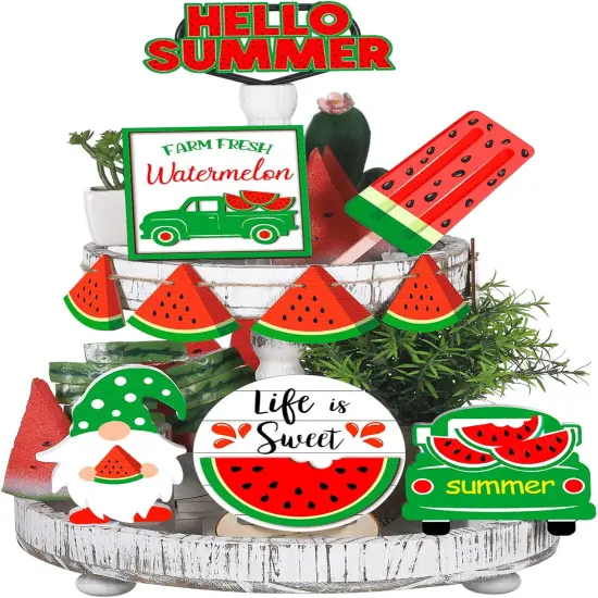 11 Pieces Summer Hawaii Tabletop Decor Set Summer Wood Sign Beach Sunshine Tiered Tray Decorations for Beach Home Table Shelf(Watermelon Style) {1}