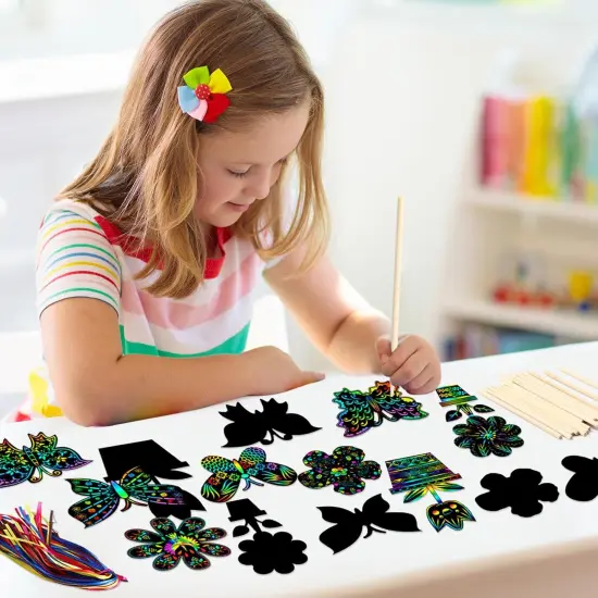 80 Pcs Spring Scratch Cards Rainbow Flower Butterfly Scratch Paper for Kids Rainbow Flower Crafts with Bamboo Stylus and Ribbon {3}