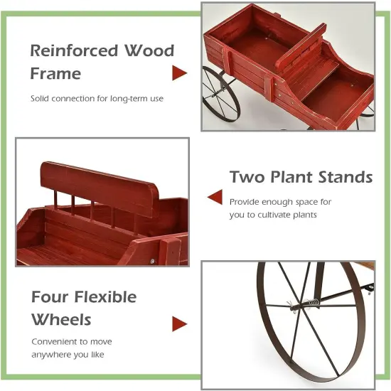Wooden Garden Wagon Planter with Handle & Wheels Red {2}