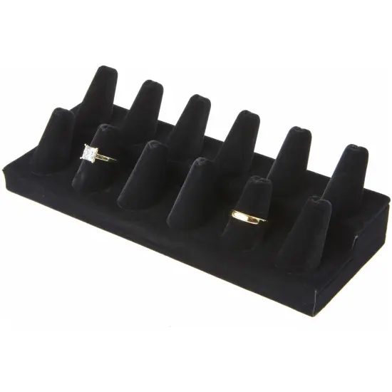 Plymor Black Velvet 2-Tier Ring Finger Display, Twelve on Rectangular Base, 8.125" W x 3.25" D x 2.5" H {3}