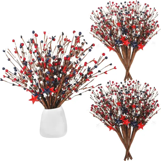 12 Pcs 4th of July Decorations Patriotic Artificial Berry Stem Picks 15.75 Inch Independence Day Decor with White Blue Red Stars Pentagram Faux Berry Branches {1}