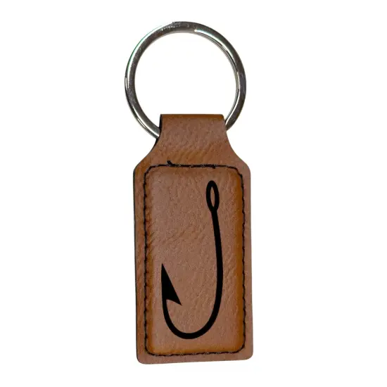 Keychain - Rectangle - Fish Hook - Leather Rawhide/Black {1}