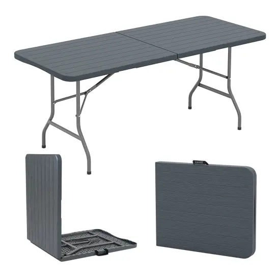 6 Feet Wood Grain HDPE Folding Table with Safety Lock and Metal Legs Perfect for Outdoor Use Grey {7}