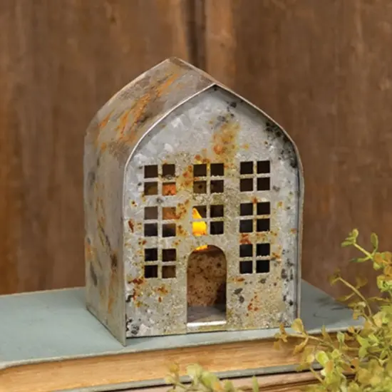 Grey Distressed Metal Tealight Barn, Rustic Decor with Working Door {2}