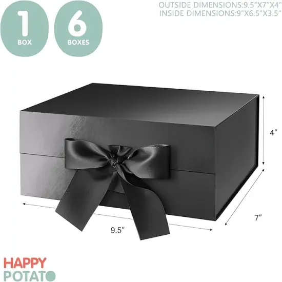 6 Black Gift Boxes with Lids, Gift Boxes with Ribbon 9x6.5x3.8 Inches, Groomsmen Proposal Boxes, Magnetic Gift Boxes for Presents (Glossy Black, Pack of 6) {2}