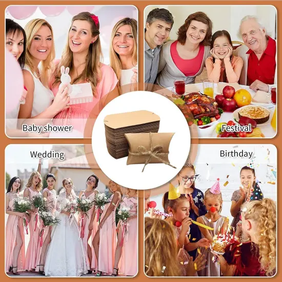 Kraft Paper Pillow Candy Box, Foldable Gift Box with Jute Rope for Weddings, Parties, Birthdays, Holidays, 60 Pcs {5}