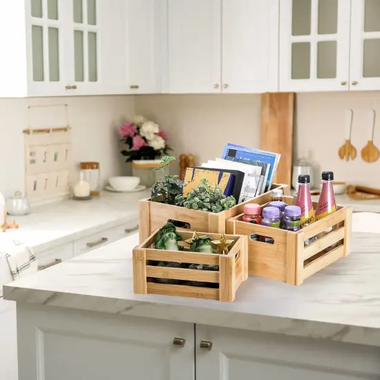 Set of 3 Bamboo Nesting Crates with Handles, Rustic Decorative Storage Container Box, Crate Box for Display, Farmhouse Bamboo Basket Bins for Fruit, Vegetable, Kitchen, Office, Bedroom, Closet {4}