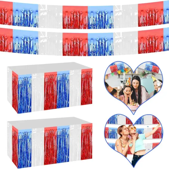 4P Metallic Foil Fringe Banner Tinsel Table Skirts for Rectangle Tables Backdrop Banner Garland Curtains for Parade Floats Wedding Graduation Anniversary Birthday Parties Decoration(White Blue Red) {1}