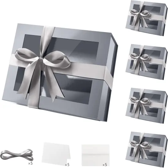 5 Gray Gift Boxes with Windows, 9x6.5x3.8 Inches, Clear Gift Boxes for Presents Contain Ribbons, Cards, Groomsmen Proposal Boxes, Gift Boxes with Magnetic Lids (Glossy Gray) {1}